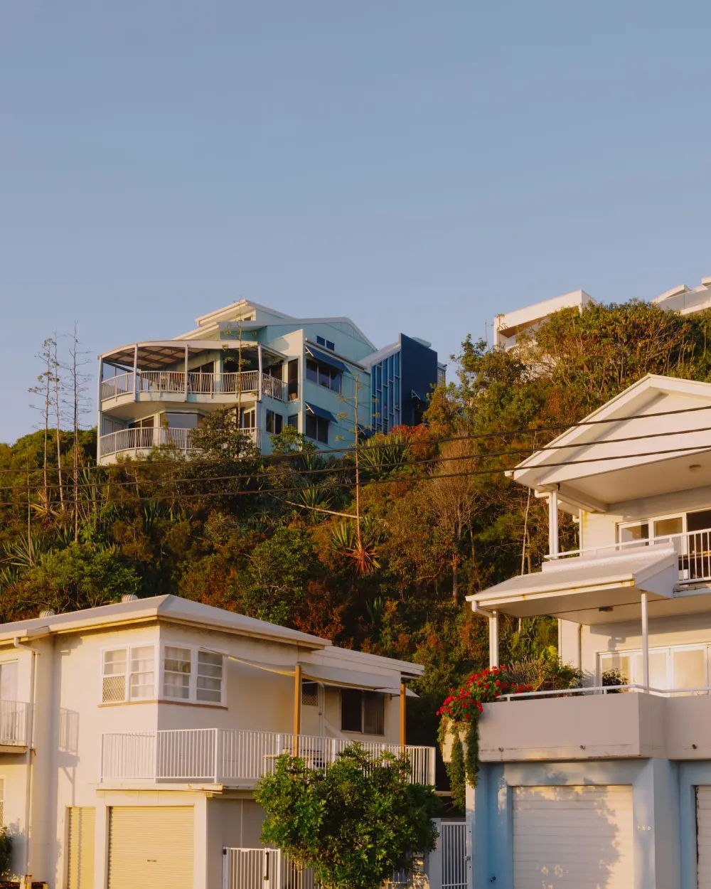 Hillside homes in Currumbin on the Gold Coast at golden hour