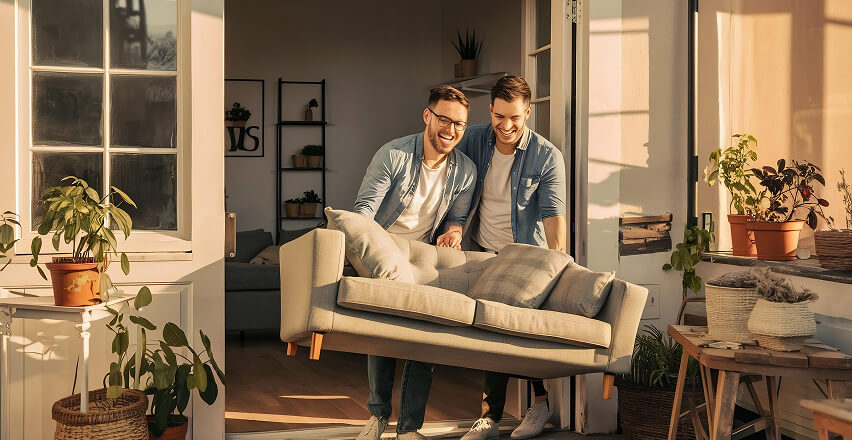 Two people carrying a sofa into their new home