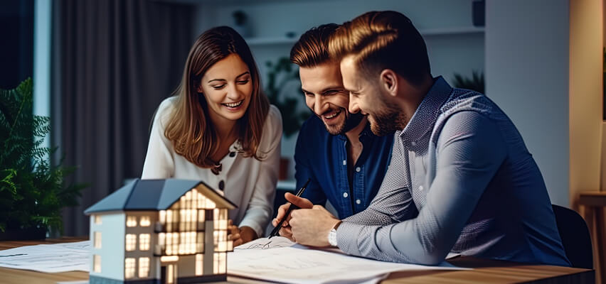 Three people reviewing house plans beside a model home