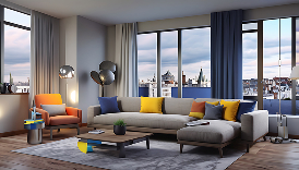 Lounge room with city views